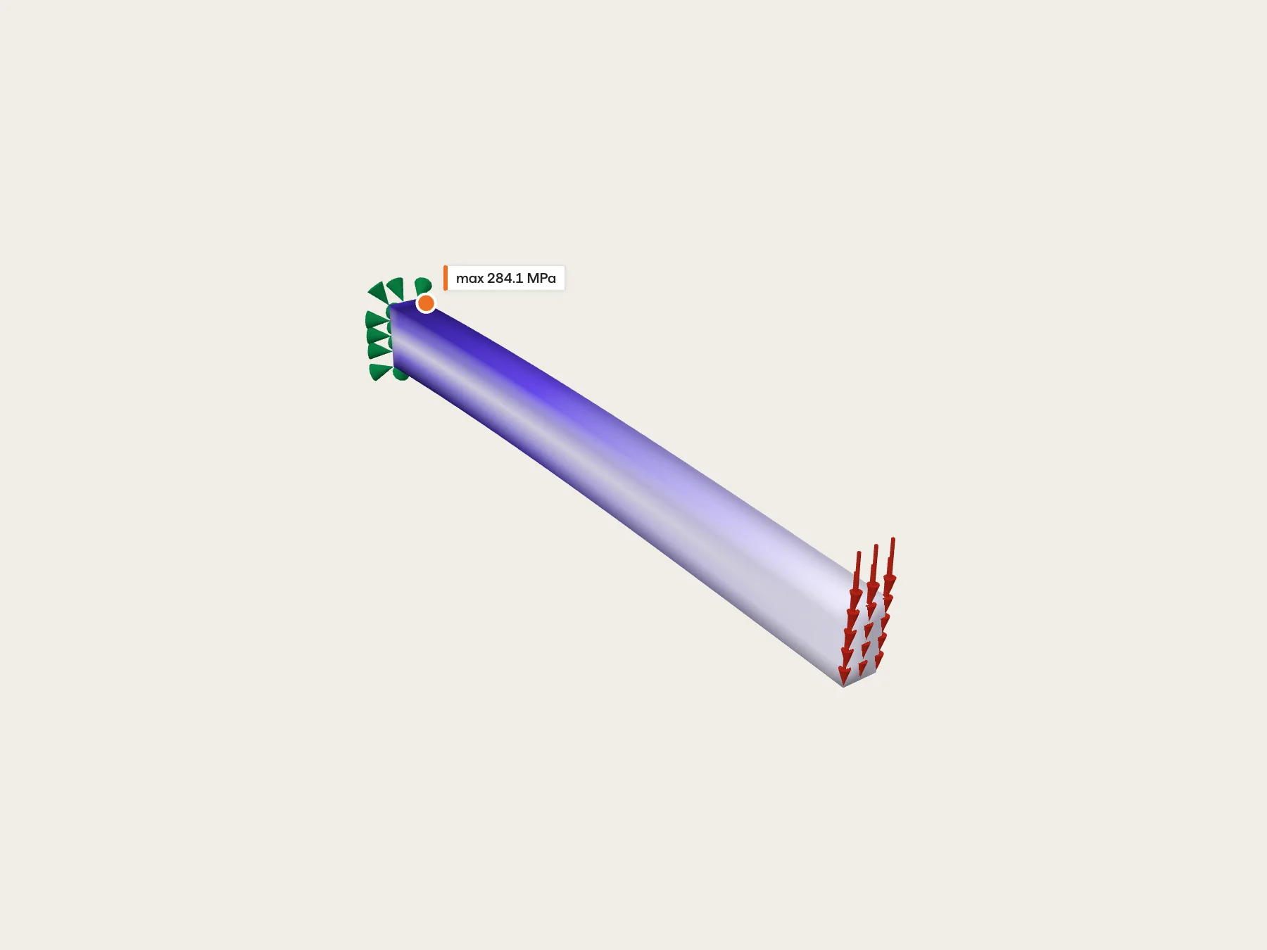 FE Agent: 3D view of the von Mises stress in a cantilever beam clamped at one end and loaded at the tip, highest at the clamped end, where the maximum is marked
